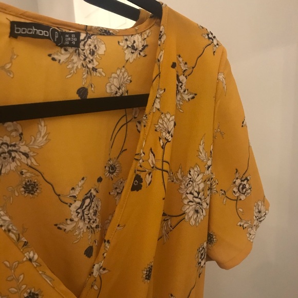 Mustard Yellow Floral Wrap Front Tie Belt Romper - Picture 4 of 4